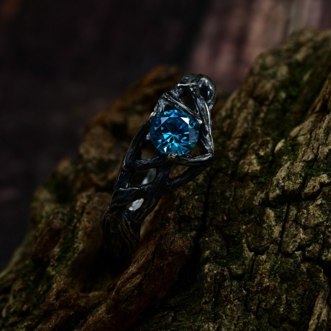 Gothic Silver Ring with Aquamarine and Nature Motif