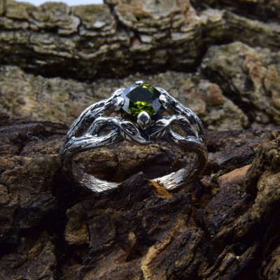 Bohemian Olive Stone Tree Engagement Ring, Unique Branch Ring, Nature Inspired Womens Twig Ring, Unusual Gift for Her