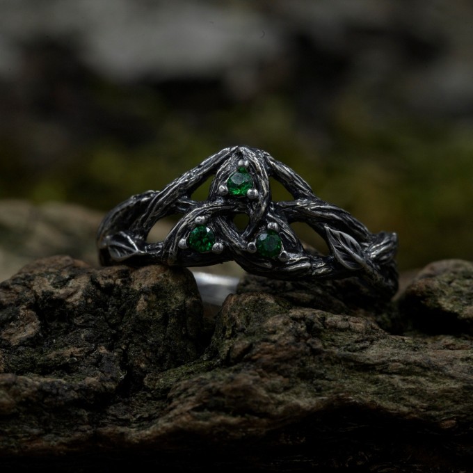 Gothic Emerald Ring with Intricate Nature Motif