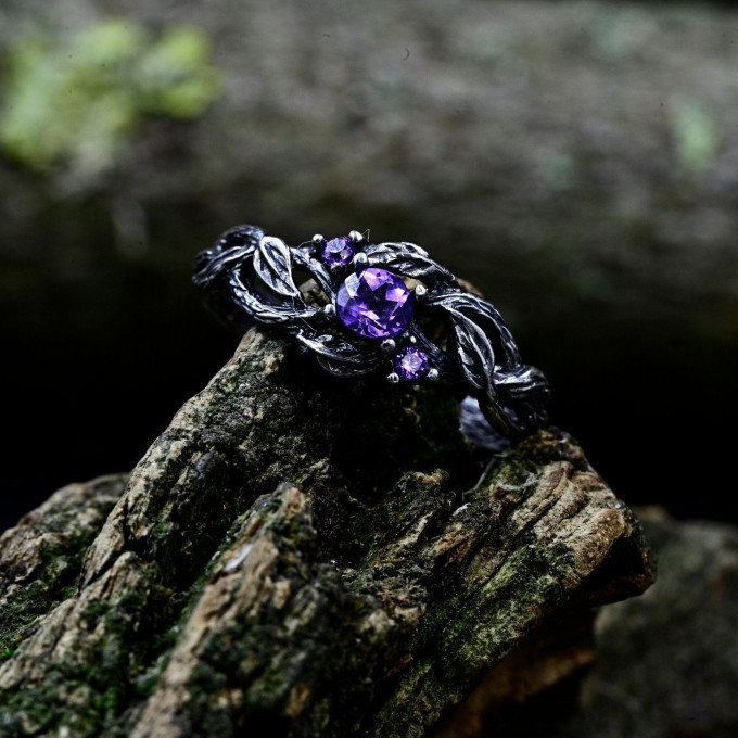 Amethyst Silver Ring with Intricate Fantasy Design