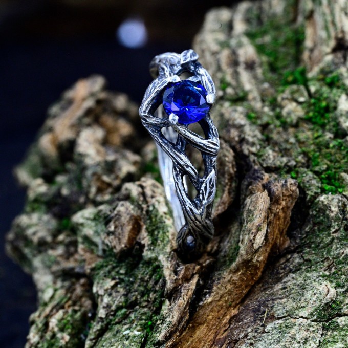 Gothic Silver Ring with Sapphire and Twisting Vines