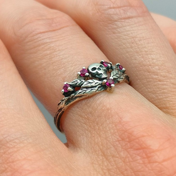 Gothic Ruby Ring with Skull Motif and Bold Design 