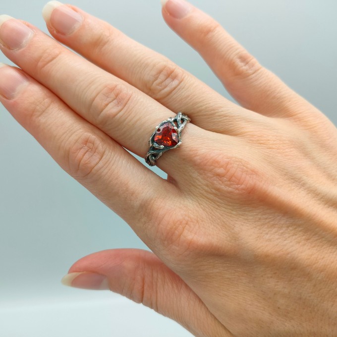 Gothic Silver Ring with Fiery Garnet