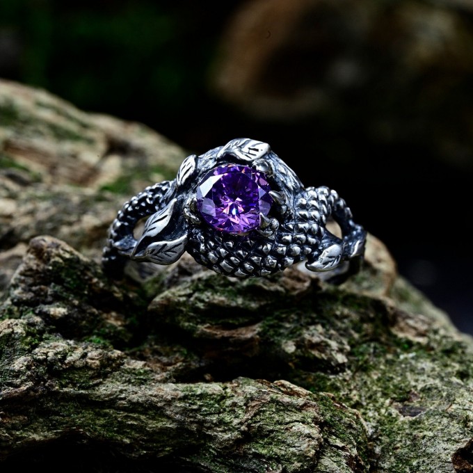 Embrace of Power: Sterling Silver Dragon Ring with Amethyst Gemstone