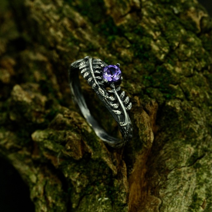 Gothic Amethyst Ring with Lunar Crescent Motif
