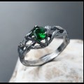 Gothic Silver Ring with Emerald and Leaf Motif