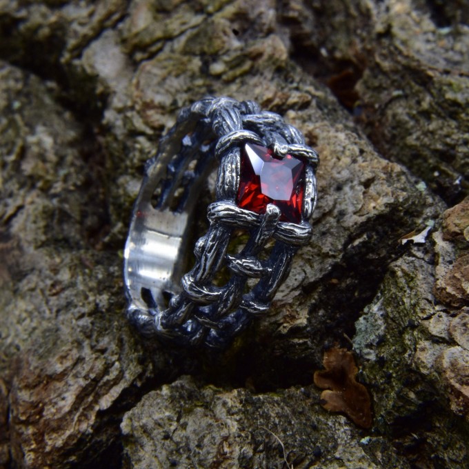 Gothic Garnet Ring with Intricate Bold Design