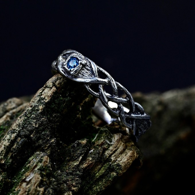 Celtic Knot Aquamarine Wedding Band for Men - Sterling Silver Vine Design