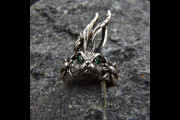 Silver Brutal Bunny Engagement Ring with Emerald, Animal Jewelry, Unique Engagement Ring, Ring Emerald Eyes