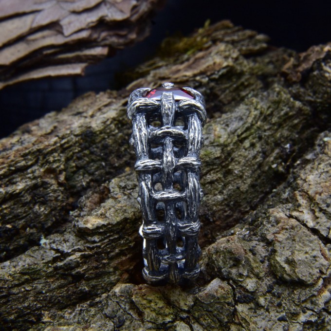 Gothic Garnet Ring with Intricate Bold Design