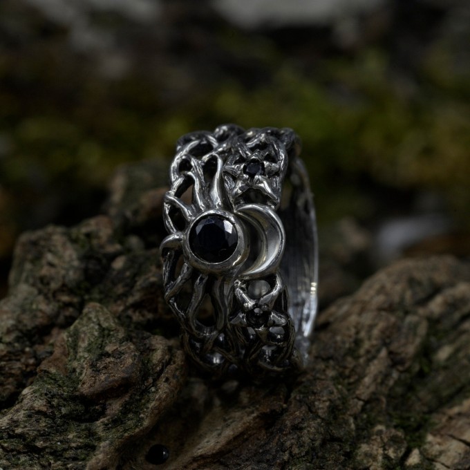 Gothic Silver Ring Featuring Black Onyx and Moon Motif