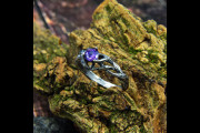 Mens Nature Wedding Ring of Tree Bark Band with Amethyst, Mens Fantasy Engagement Ring with Leaf Branch, Woodsy Promise Ring for Him