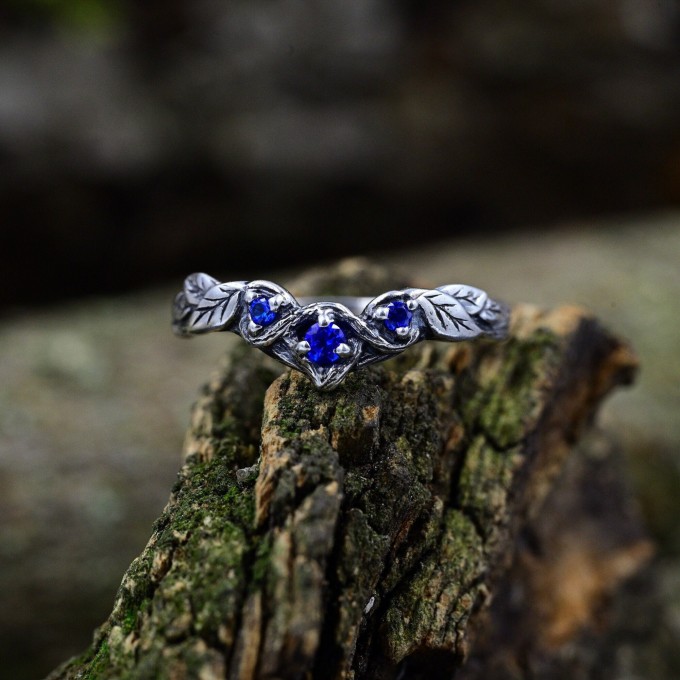 Gothic Silver Ring with Sapphire and Vine Motif