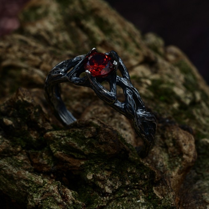 Handcrafted Gothic Silver Ring with Crimson Gem