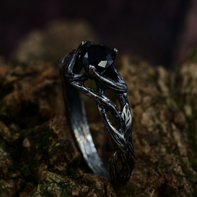 Dark Silver Ring with Black Obsidian Gemstone
