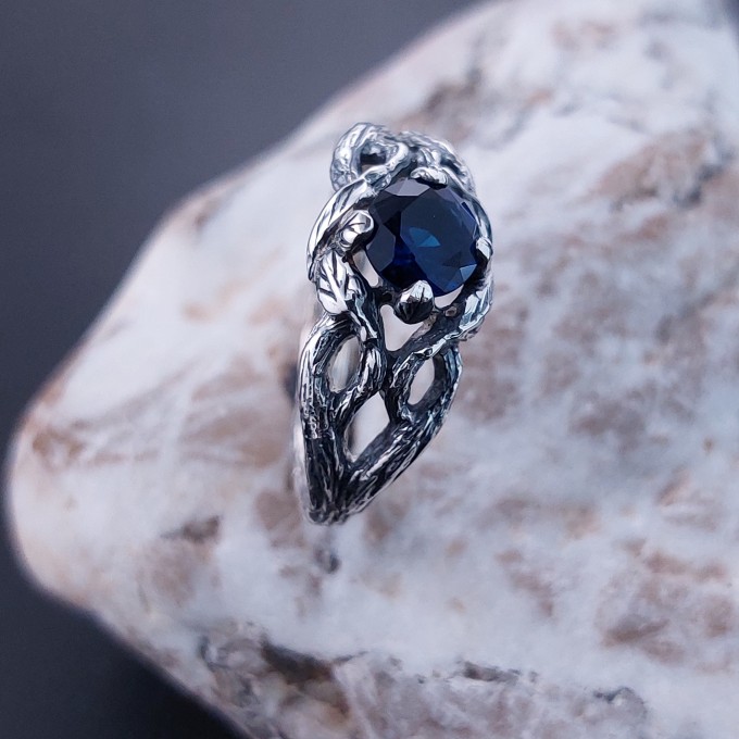 Embrace of the Night: Gothic Sterling Silver Ring with Deep Sapphire