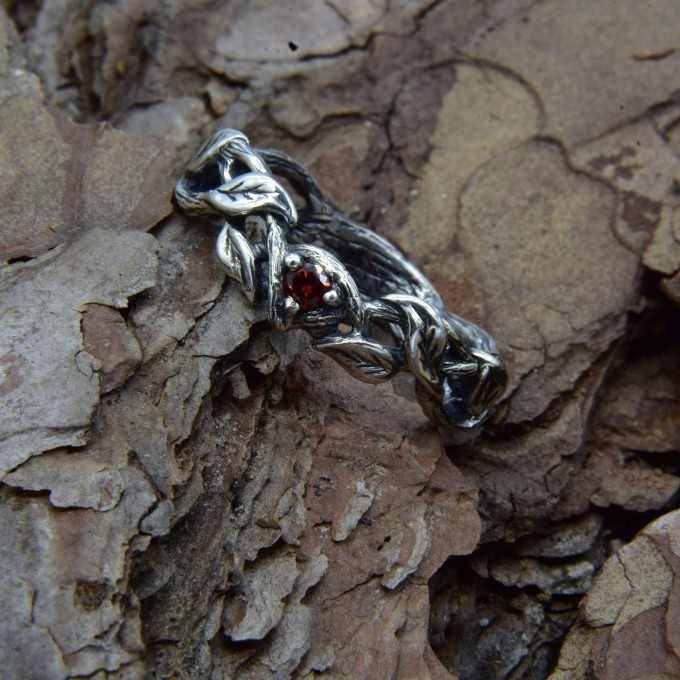 Gothic Garnet Ring with Twisting Nature Motif