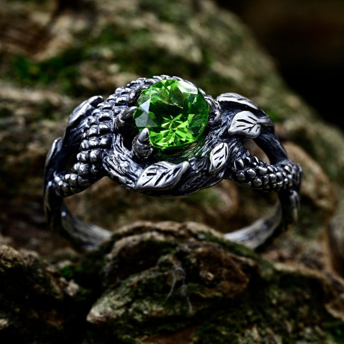 Gothic Dragon Ring with Enchanted Peridot Gemstone.