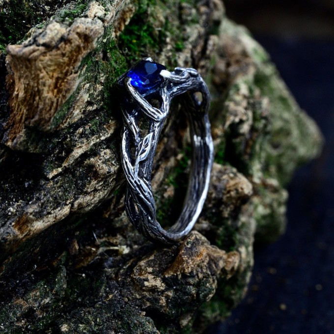 Twilight Crown: Gothic Sterling Silver Ring with Sapphire Gemstone