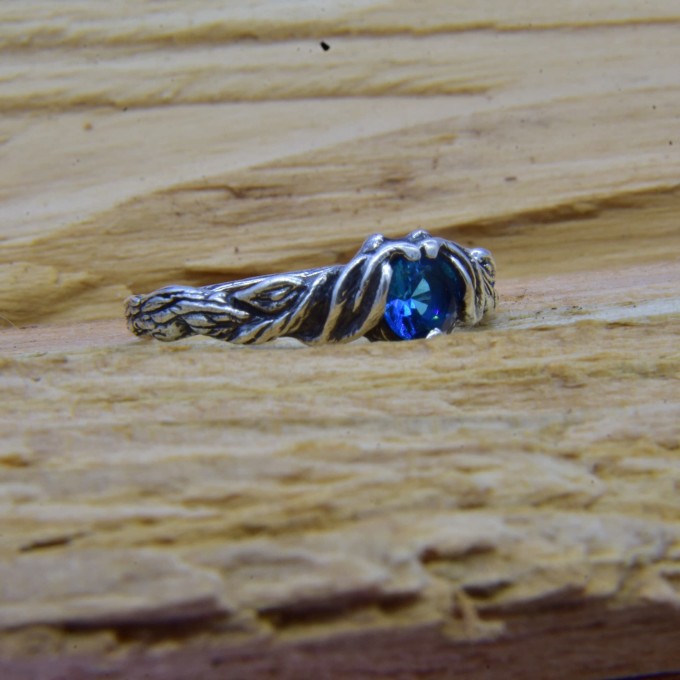 Gothic Silver Ring with Blue Aquamarine and Organic Design