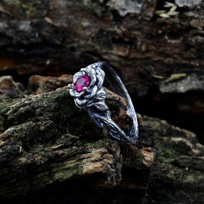 Thorned Bloom: Gothic Sterling Silver Ring with Enchanted Ruby