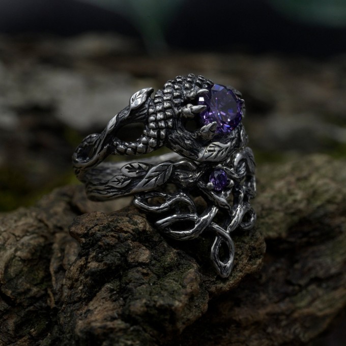 Gothic Dragon Ring with Radiant Amethyst Gemstone