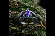 Fantasy Wedding Ring for Man, Amethyst Wide Silver Band Solitaire Ring, Elven Fairy Promise Ring for Him with Branch Band