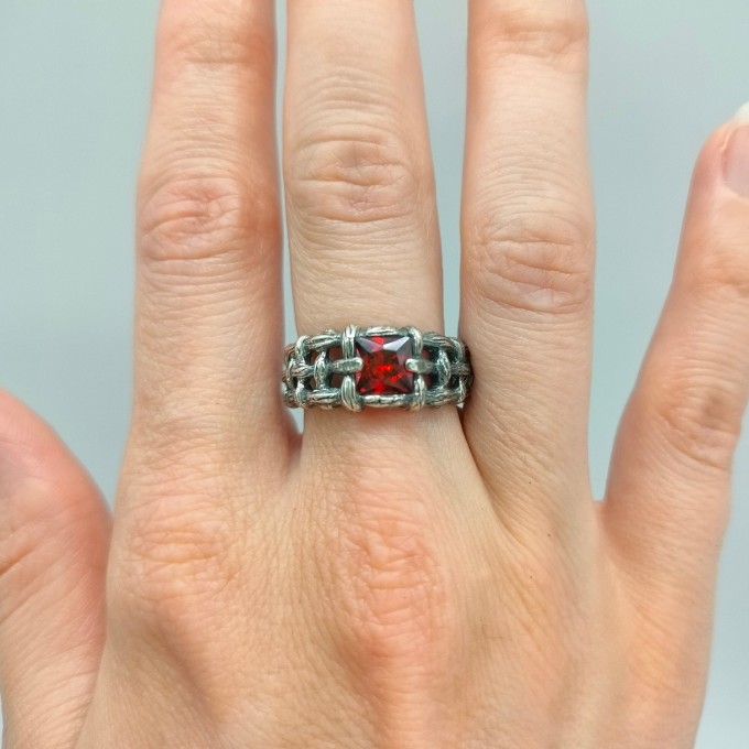 Gothic Garnet Ring with Intricate Bold Design