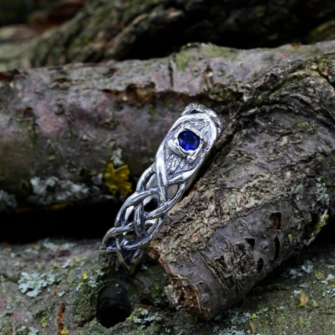 Gothic Silver Ring with Sapphire and Celtic Design