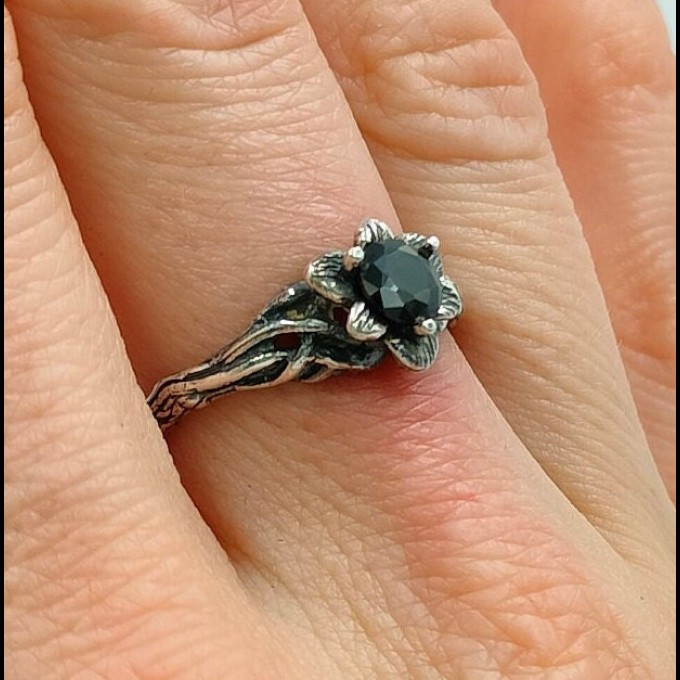 Gothic Obsidian Ring with Enchanted Floral Motif