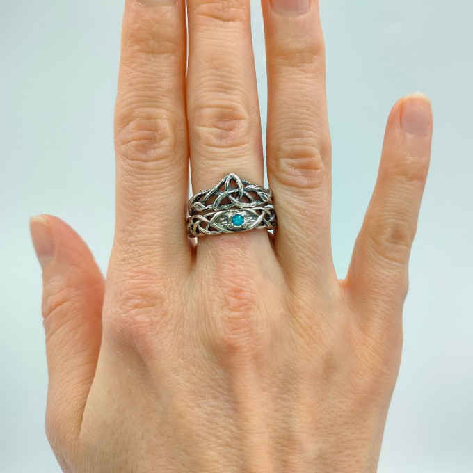 Gothic Blue Topaz Ring with Intricate Celtic Knot Motif