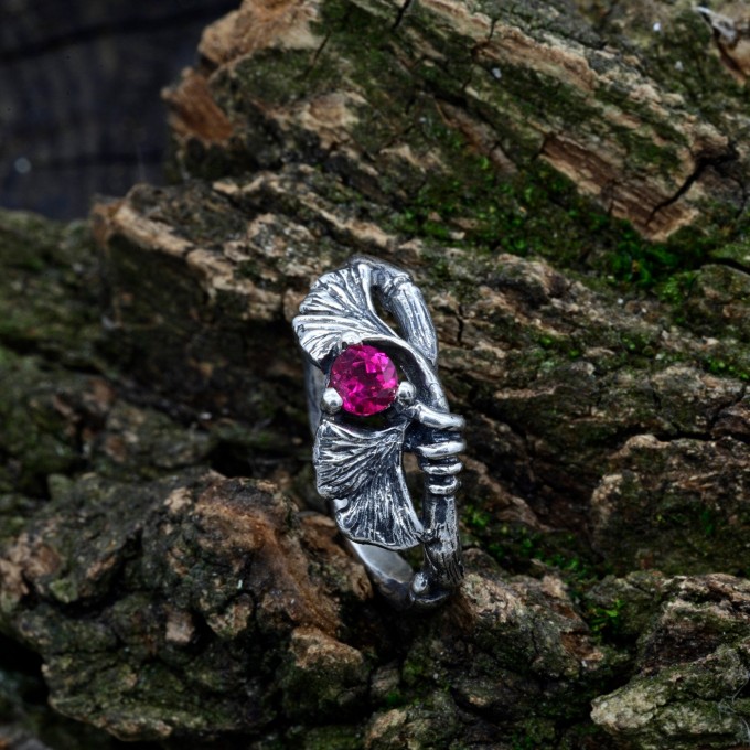 Elegant Gothic Floral Ring with Ruby Gemstone