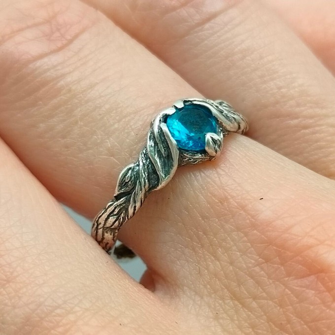 Gothic Silver Ring with Blue Aquamarine and Organic Design