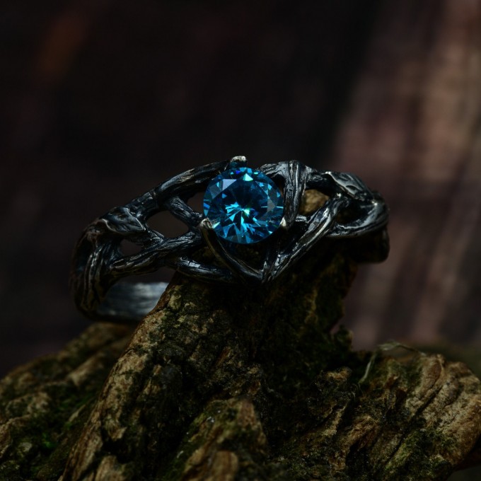 Gothic Silver Ring with Aquamarine and Nature Motif