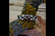 Unique Nature Inspired Red Garnet Wedding Band for Men with Triquetra Motif, Twisted Twig and Leafy Vine in Sterling Silver