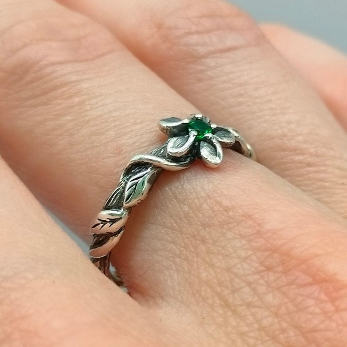 Delicate Gothic Ring with Emerald and Leaf Design|Unusual Nature-Inspired Engagement Ring