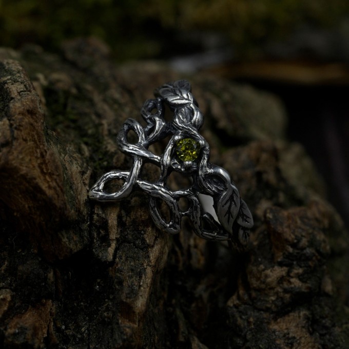 Forest Chevron Twig and Leaf Ring with Peridot for Engagement