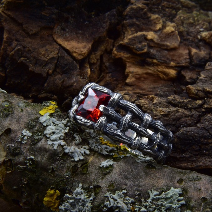 Bold Gothic Chain Ring with Garnet Gemstone