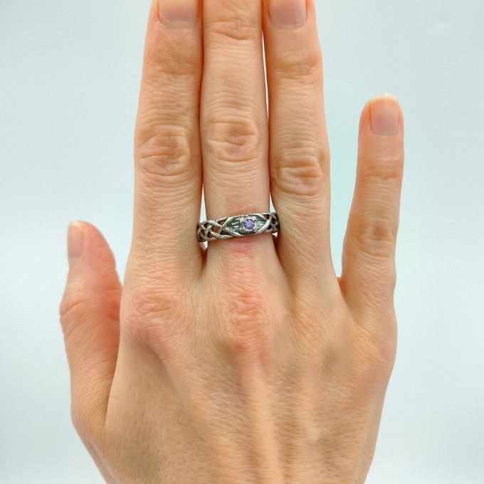 Delicate Gothic Ring with Amethyst Gemstone|Celtic Braided Weave Wedding Band with Amethyst Vine Twig Branch Design