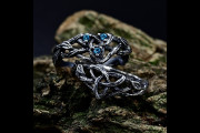 Matching Viking Wedding Bands, Couple Celtic Forest Ring Set, Wiccan Love Knot Engagement Ring, Blue Topaz Fantasy Branch Witch Jewelry