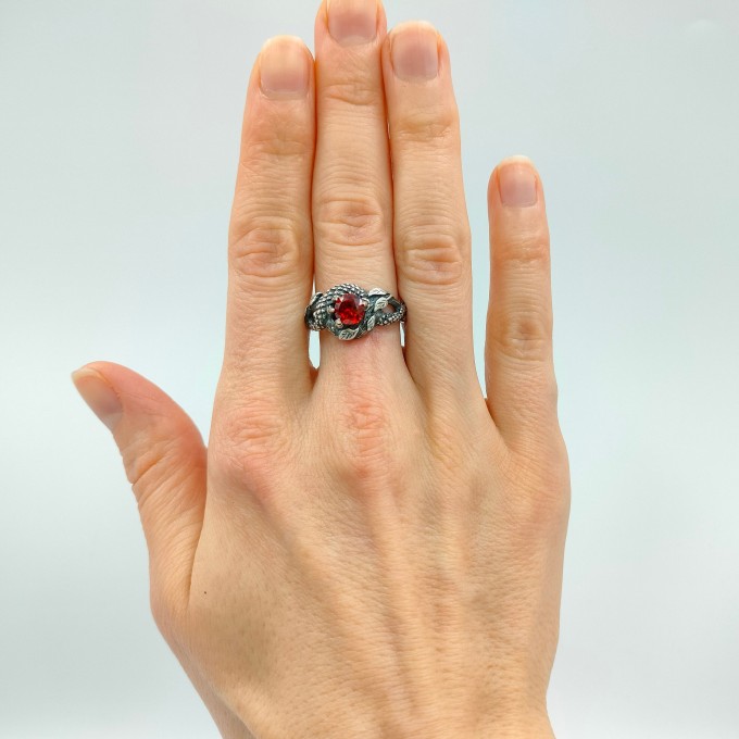 Gothic Dragon Ring with Garnet Gemstone