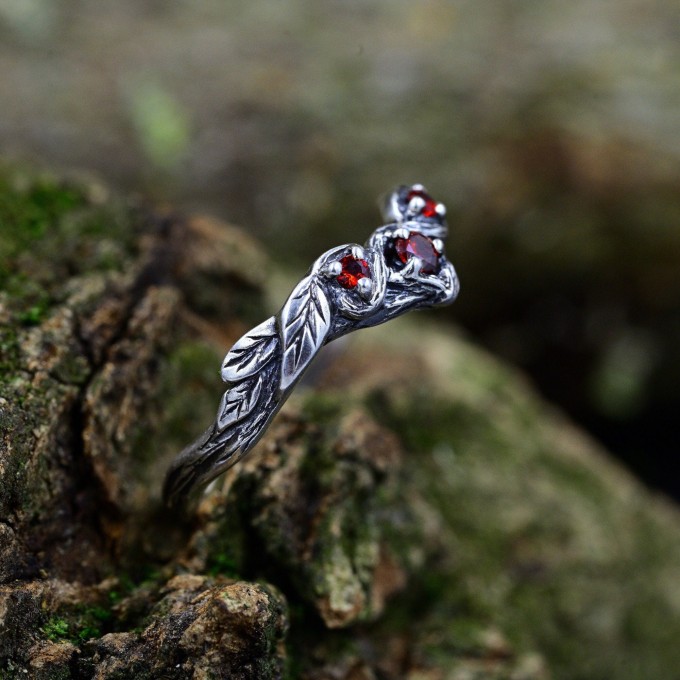 Twins of Flame: Gothic Sterling Silver Ring with Garnet Gems