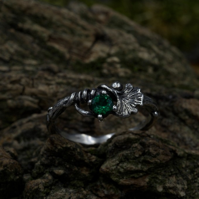Forest Grace: Gothic Sterling Silver Ring with Emerald Gemstone