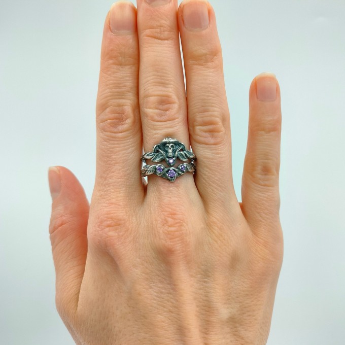 Gothic Amethyst Ring with Enchanted Mushroom Motif