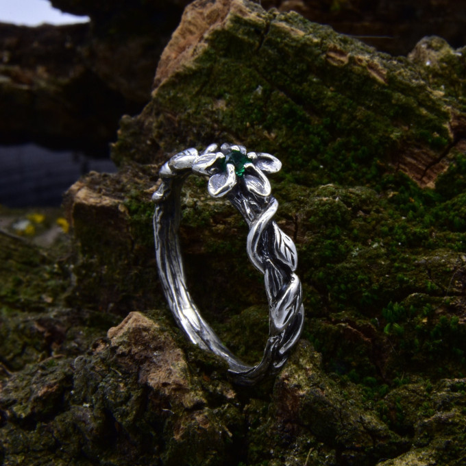 Enchanting Silver Ring with Elegant Emerald Gemstone| Unique and Unusual Engagement Ring for Her