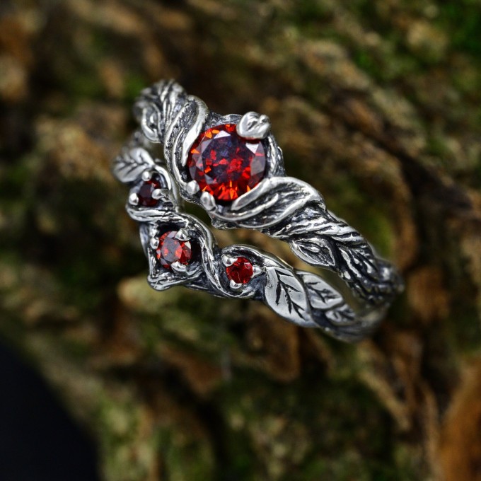Gothic Garnet Ring with Enchanted Nature-Inspired Design