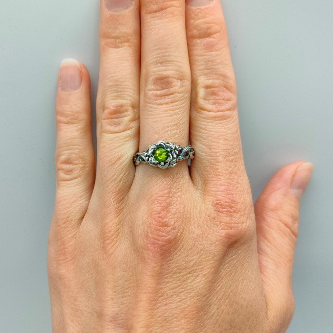 Bloom of Shadows: Gothic Sterling Silver Ring with Olivine Gemstone