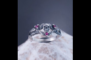 Author's Gothic Ring, Skull with Leaves, Skull with Leaves on Branches Surrounded by Mystic Ruby, Gift in the Gothic style