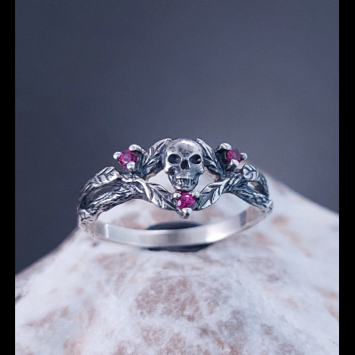 Author's Gothic Ring, Skull with Leaves, Skull with Leaves on Branches Surrounded by Mystic Ruby, Gift in the Gothic style