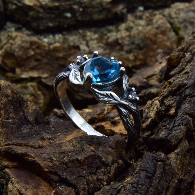 Gothic Silver Ring Featuring Sky Blue Topaz Gemstone